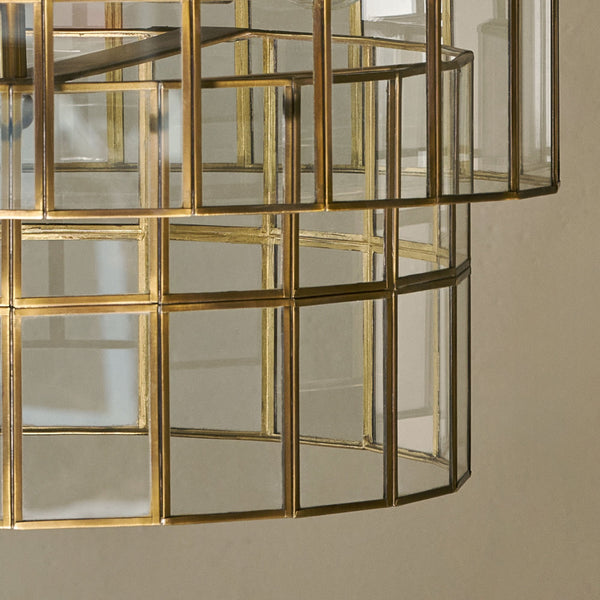 Kirindi Clear Glass Panelled Chandelier in Antique Brass