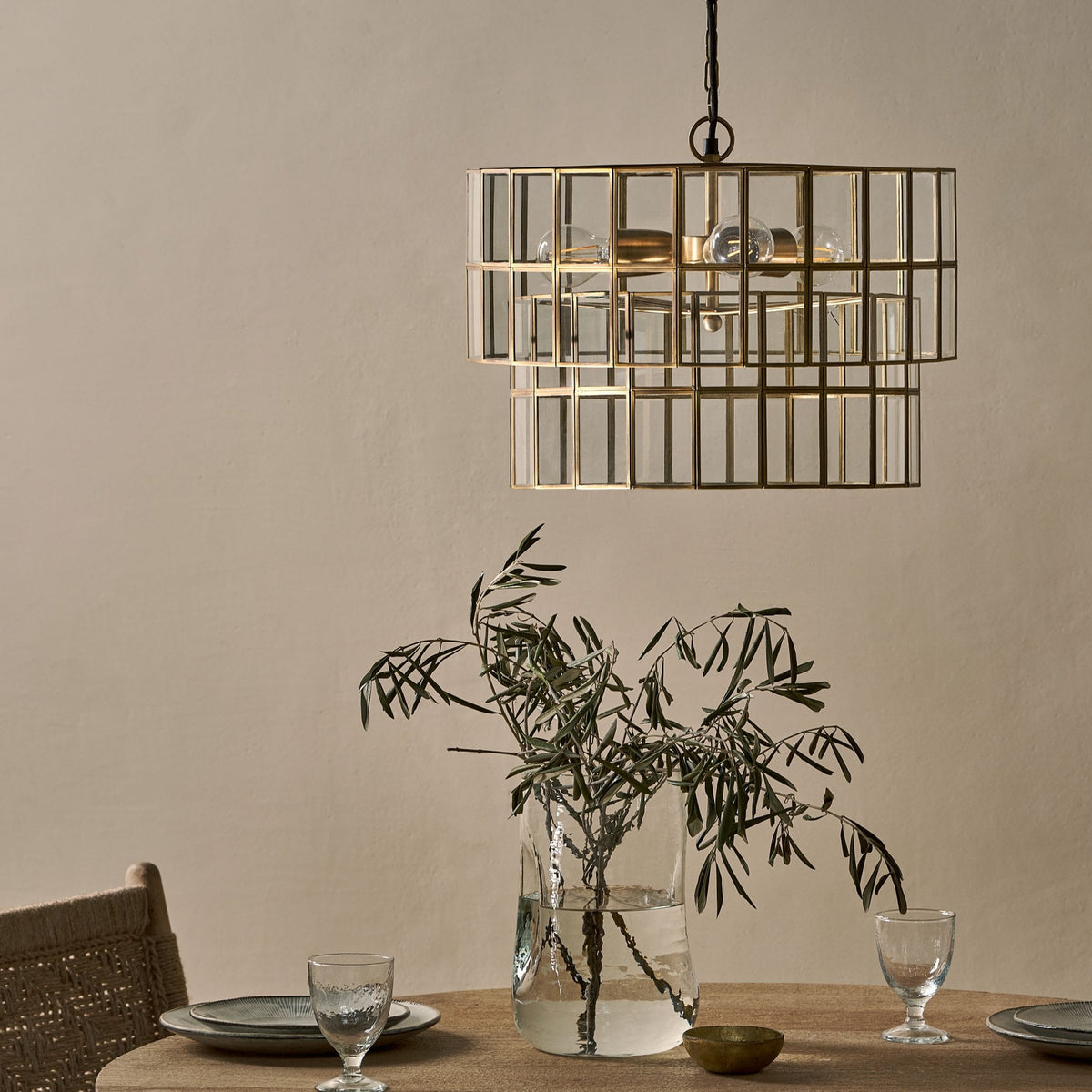 Kirindi Clear Glass Panelled Chandelier in Antique Brass