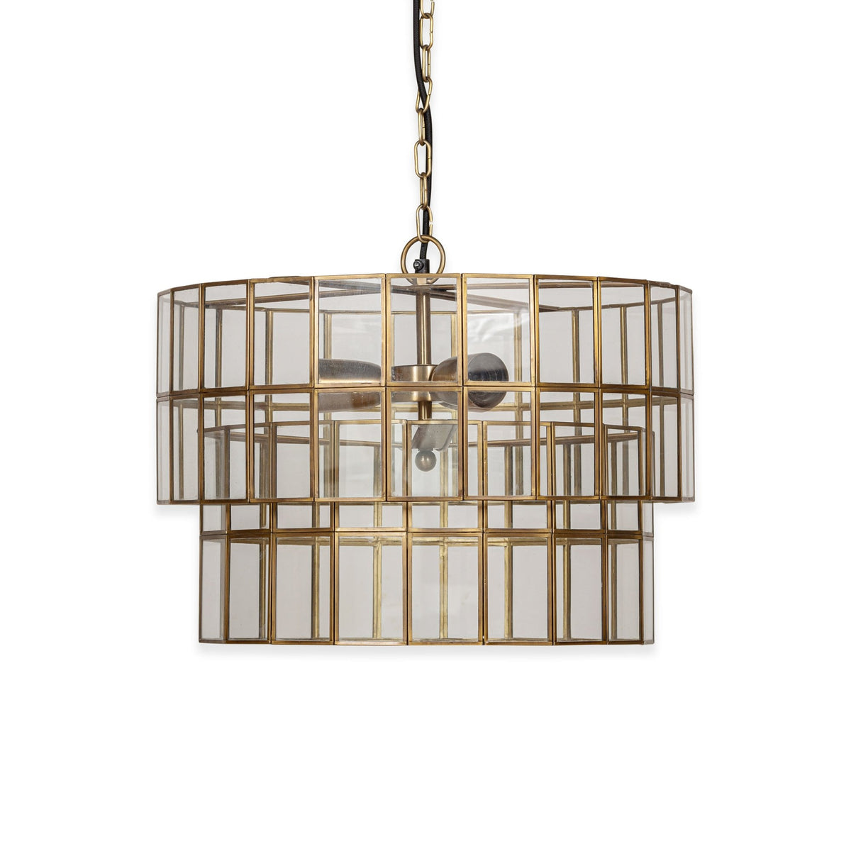 Kirindi Clear Glass Panelled Chandelier in Antique Brass