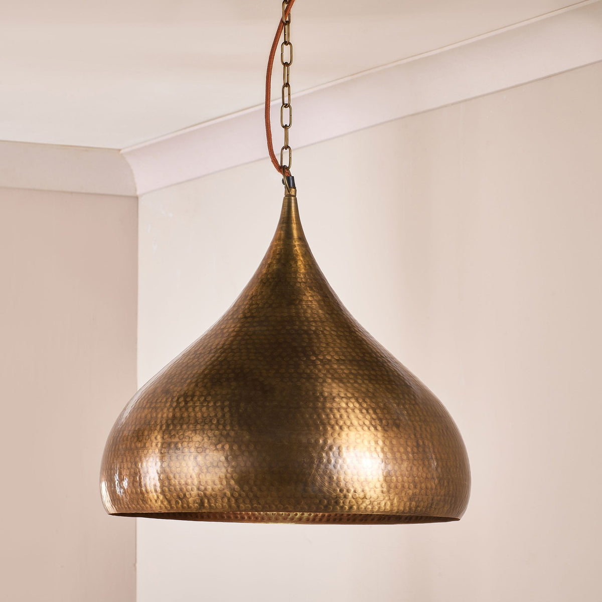 Quinn Statement Single Drop Large Hammered Metal Pendant in Antique Brass