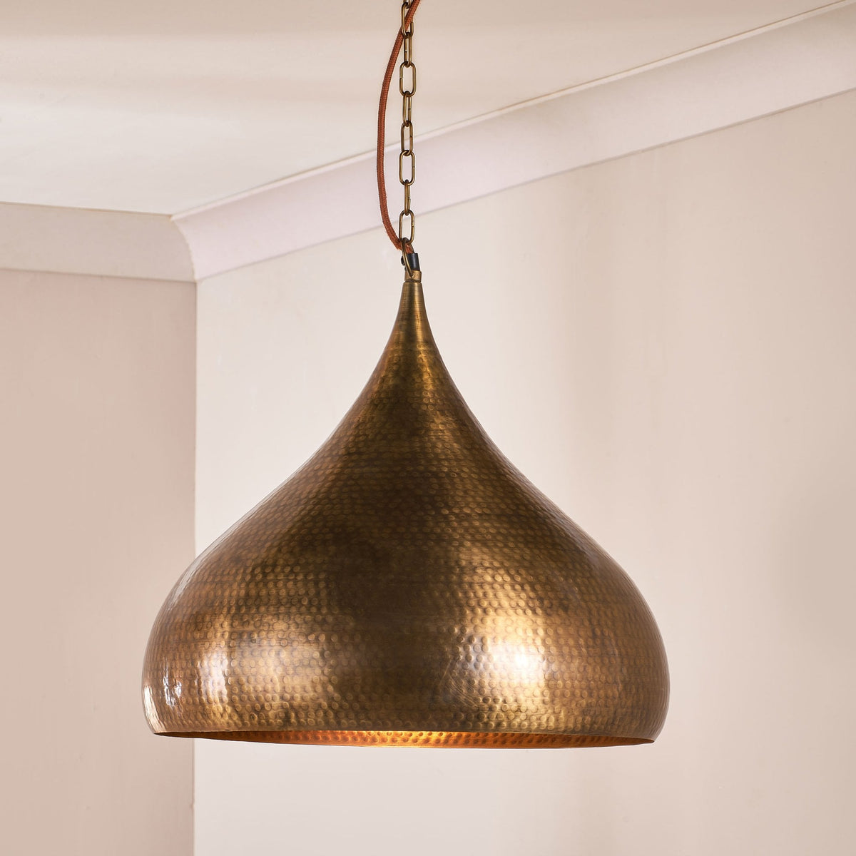 Quinn Statement Single Drop Large Hammered Metal Pendant in Antique Brass