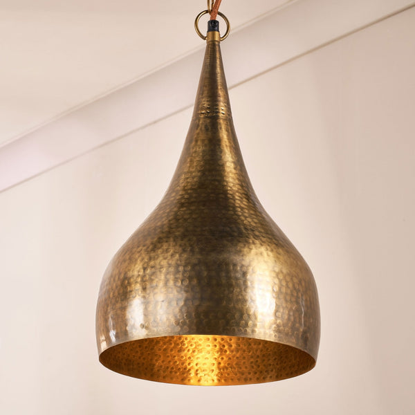 Quinn Single Drop Small Hammered Metal Pendant in Antique Brass