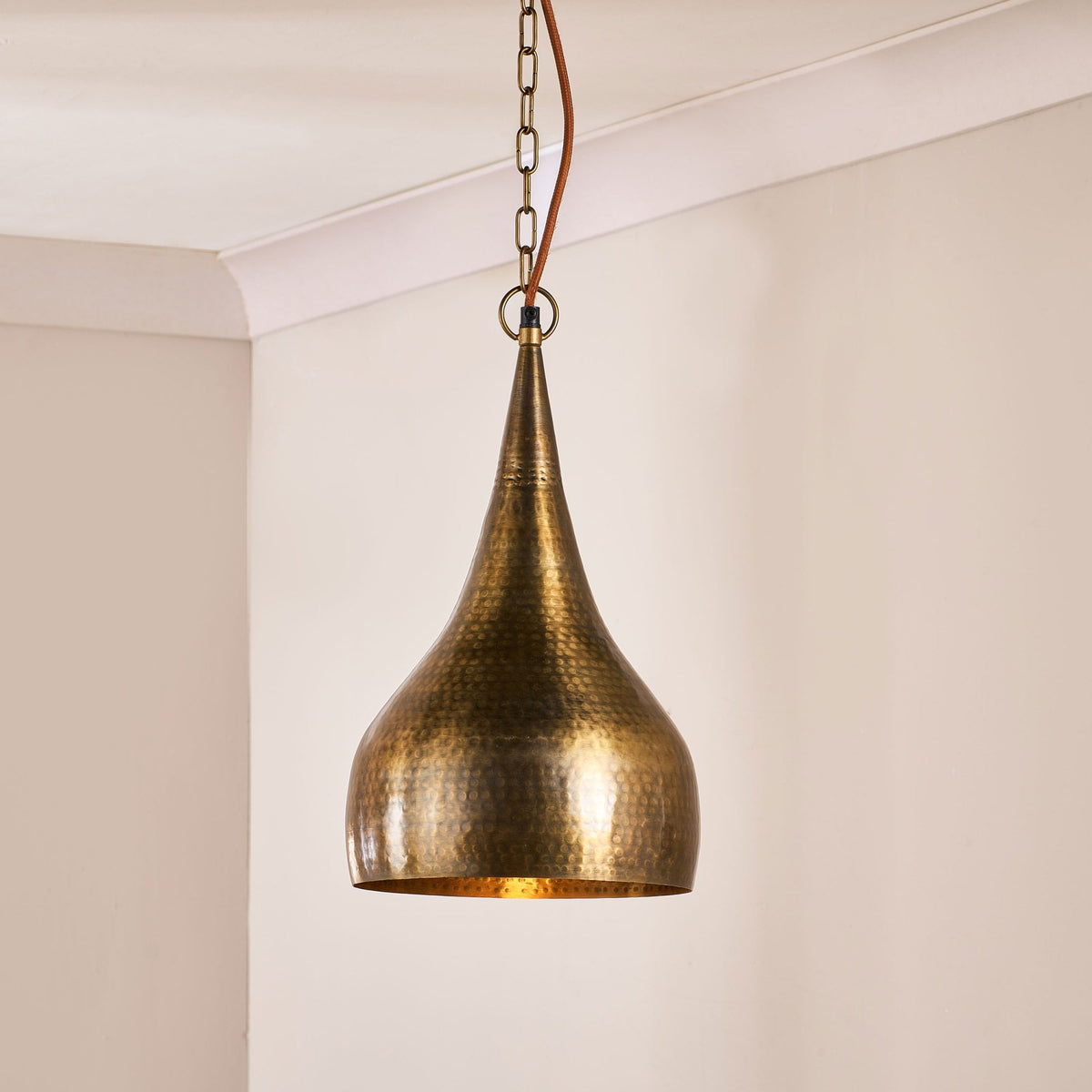 Quinn Single Drop Small Hammered Metal Pendant in Antique Brass