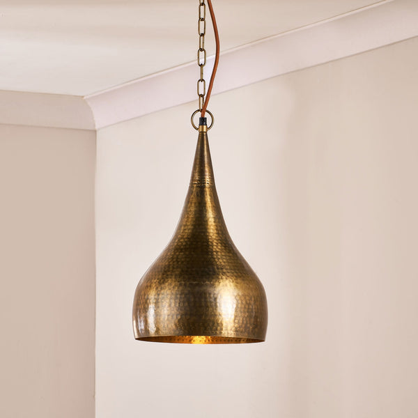 Quinn Single Drop Small Hammered Metal Pendant in Antique Brass