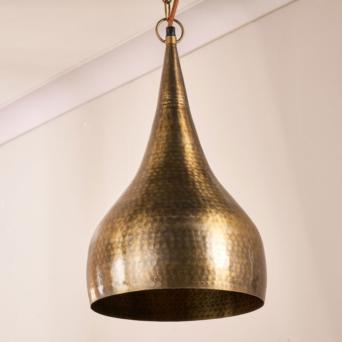 Quinn Single Drop Small Hammered Metal Pendant in Antique Brass