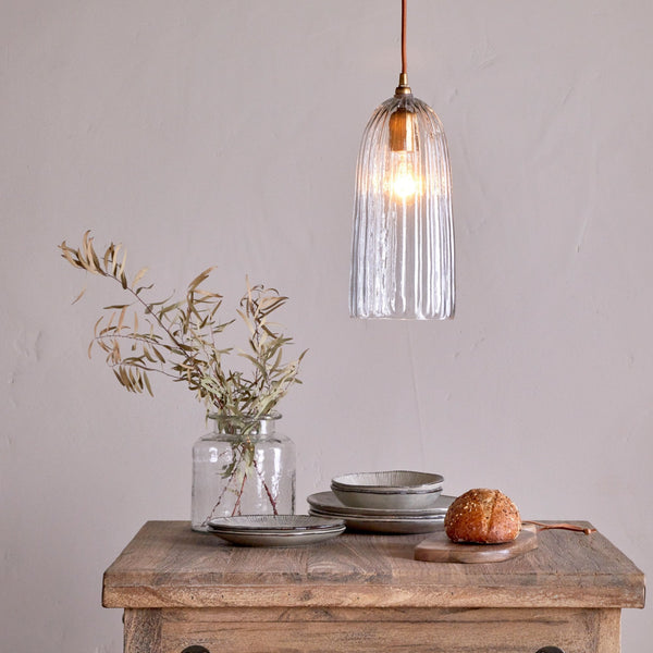 Lumina Fluted Clear Glass Pendant with Antique Brass Detail