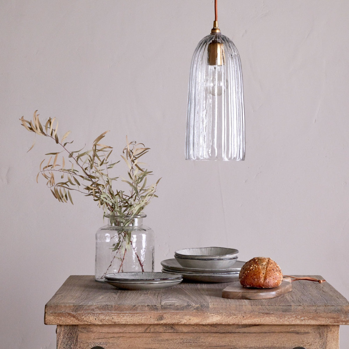 Lumina Fluted Clear Glass Pendant with Antique Brass Detail