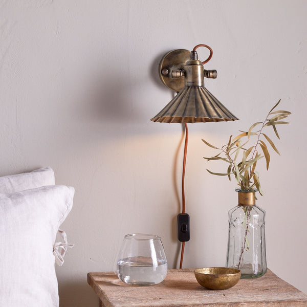 Moti Plugged Wall Light in Antique Brass With Fabric Cable