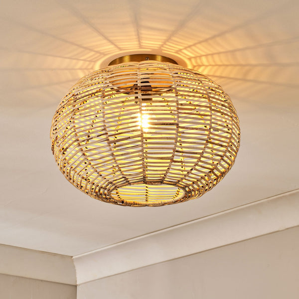 Noko Rattan & Antique Brass Semi Flush Ceiling Light
