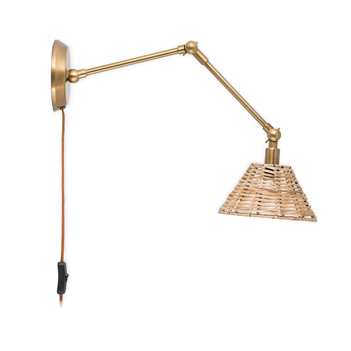 Noko Adjustable Plugged Wall Light in Antique Brass With Rattan Shade