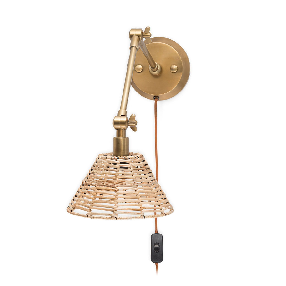 Noko Adjustable Plugged Wall Light in Antique Brass With Rattan Shade
