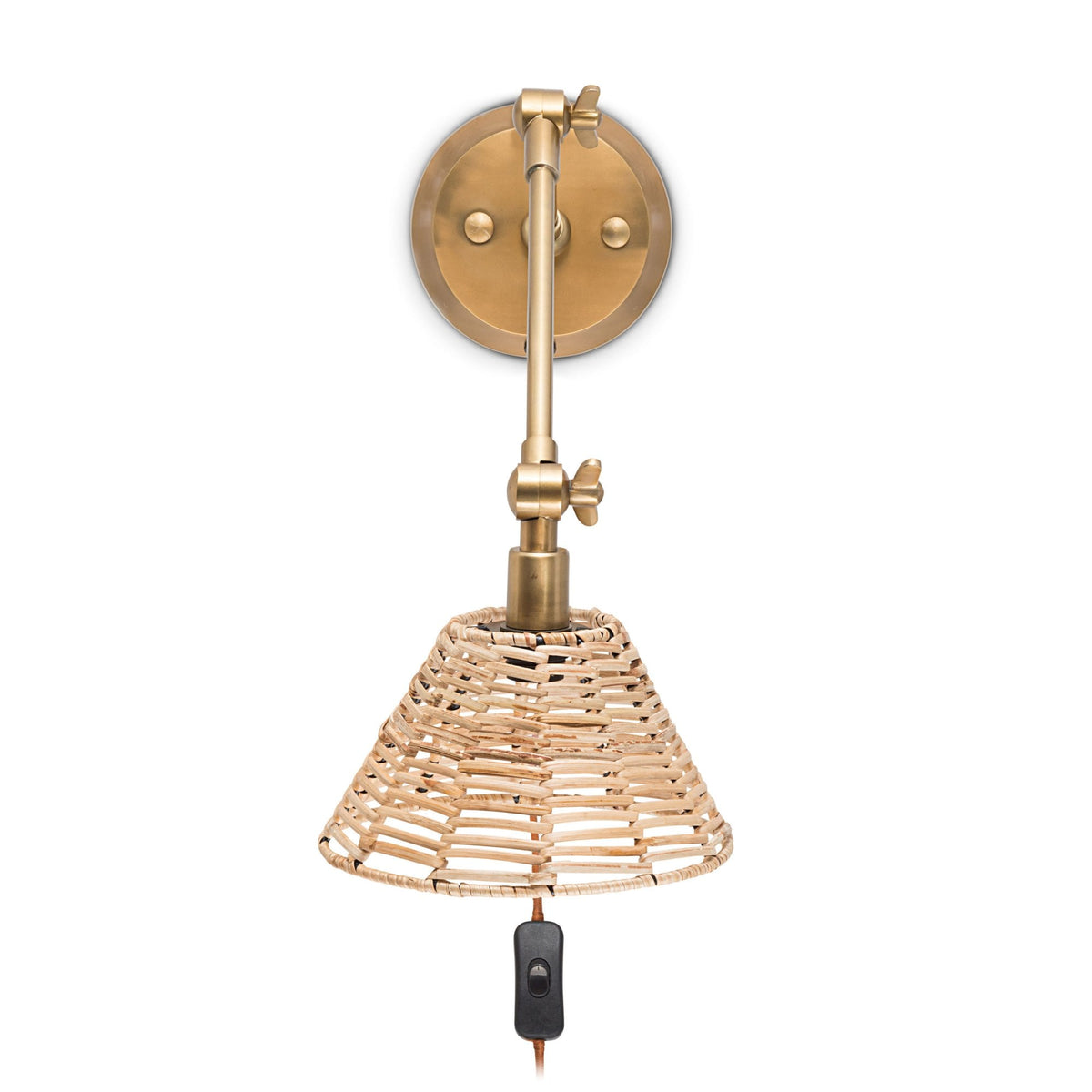 Noko Adjustable Plugged Wall Light in Antique Brass With Rattan Shade