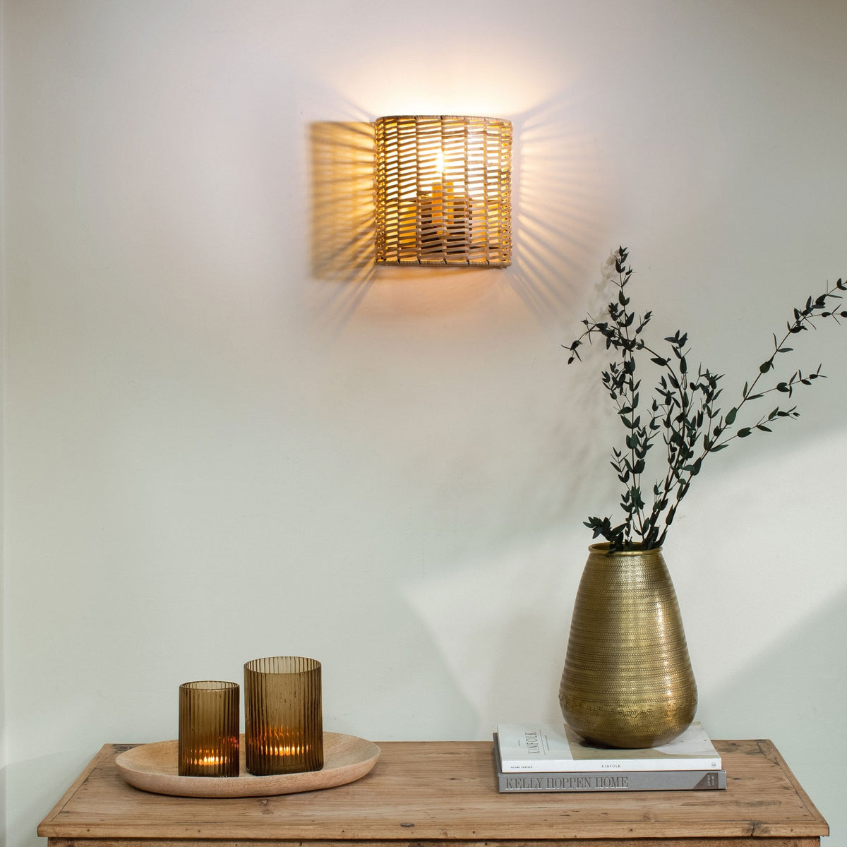 Noko Small Natural Rattan Wall Light with Antique Brass Detail
