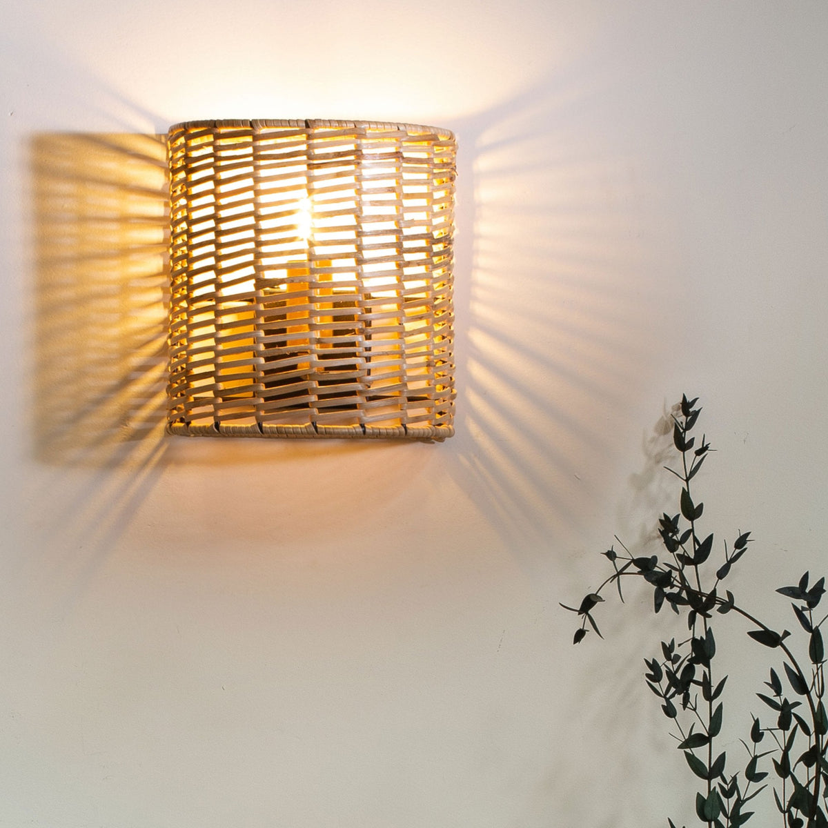 Noko Small Natural Rattan Wall Light with Antique Brass Detail