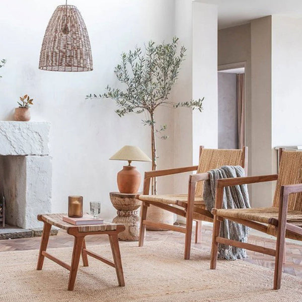 Noko Natural Rattan Medium Conical Pendant with Brass & Black Detail