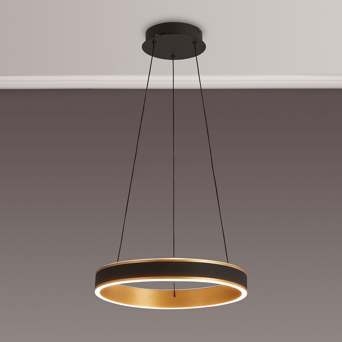 Aylmerton 40cm Round 36w LED Pendant with Remote Control Finished in Faux Black Leather & Brushed Gold