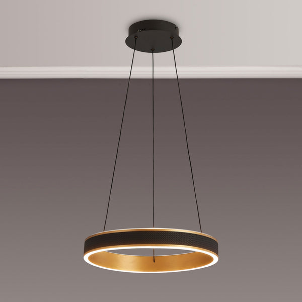 Aylmerton 40cm Round 36w LED Pendant with Remote Control Finished in Faux Black Leather & Brushed Gold