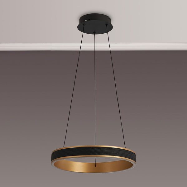 Aylmerton 40cm Round 36w LED Pendant with Remote Control Finished in Faux Black Leather & Brushed Gold