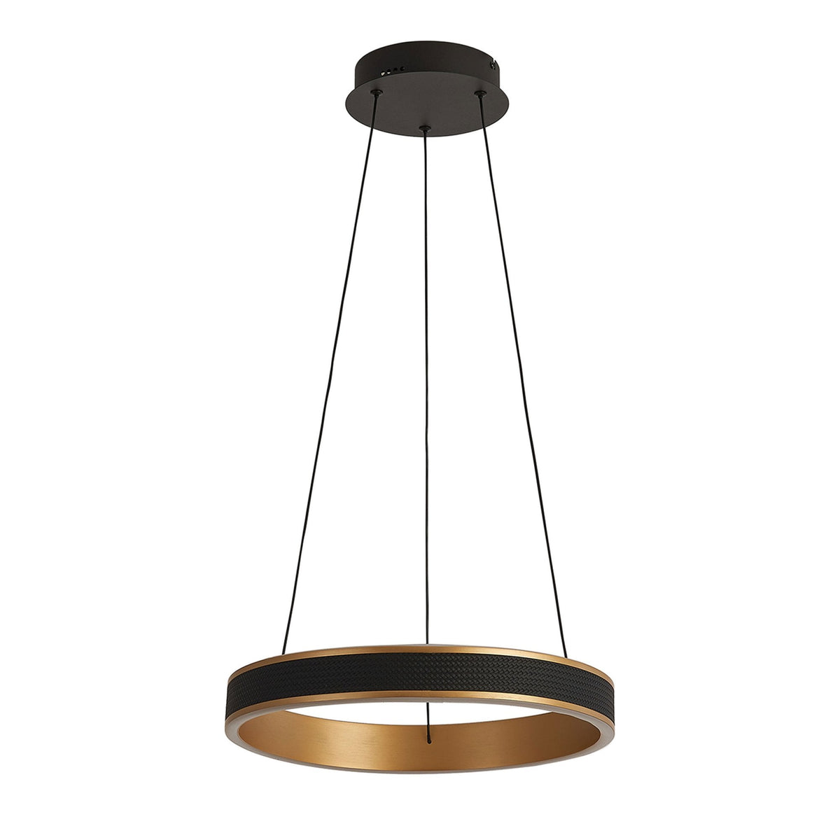 Aylmerton 40cm Round 36w LED Pendant with Remote Control Finished in Faux Black Leather & Brushed Gold