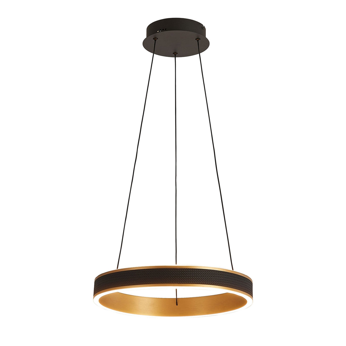 Aylmerton 40cm Round 36w LED Pendant with Remote Control Finished in Faux Black Leather & Brushed Gold
