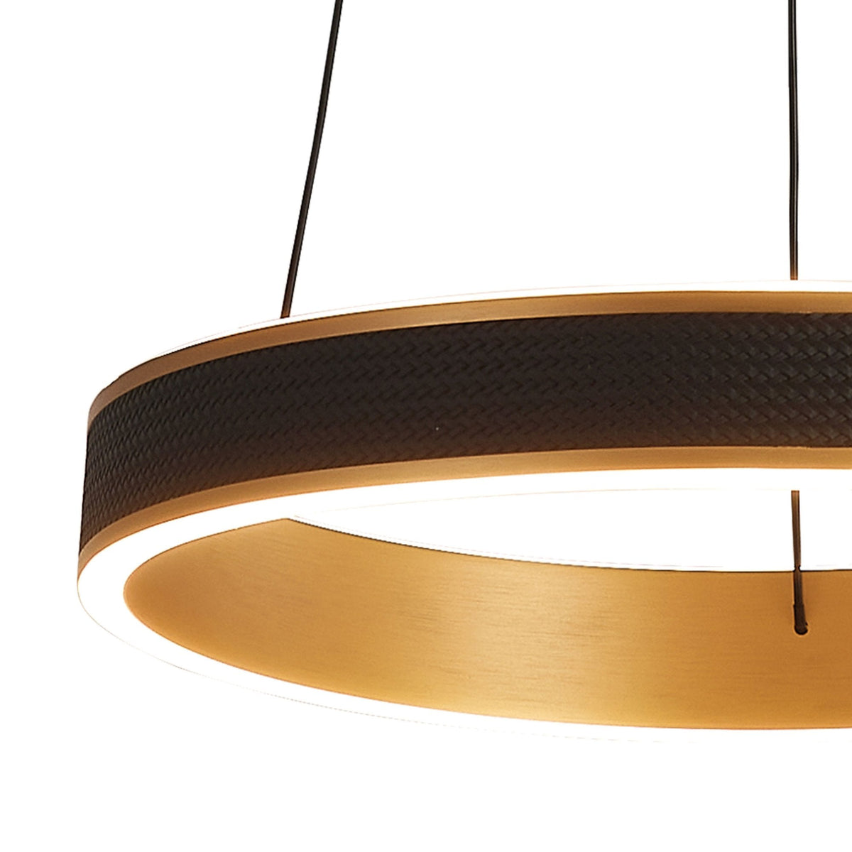 Aylmerton 40cm Round 36w LED Pendant with Remote Control Finished in Faux Black Leather & Brushed Gold