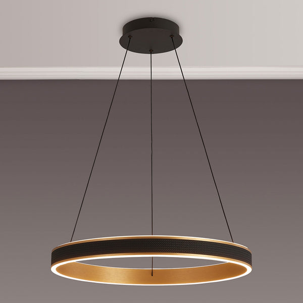 Aylmerton 60cm Round 45w LED Pendant with Remote Control Finished in Faux Black Leather & Brushed Gold