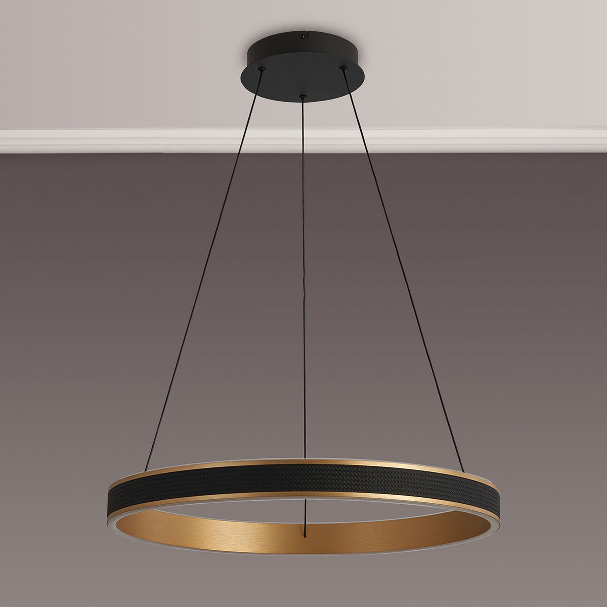 Aylmerton 60cm Round 45w LED Pendant with Remote Control Finished in Faux Black Leather & Brushed Gold