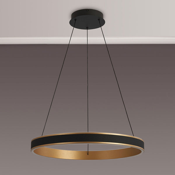 Aylmerton 60cm Round 45w LED Pendant with Remote Control Finished in Faux Black Leather & Brushed Gold