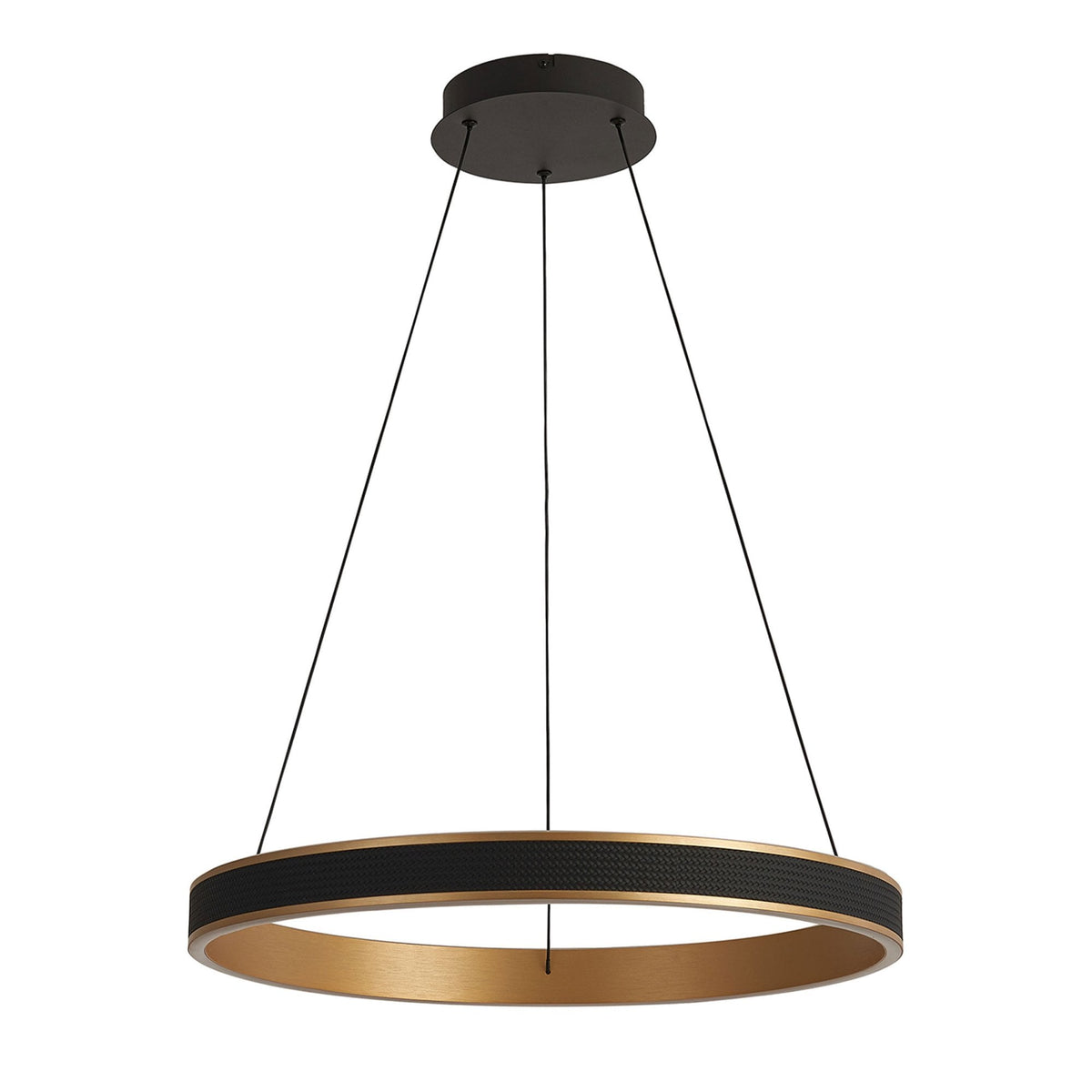 Aylmerton 60cm Round 45w LED Pendant with Remote Control Finished in Faux Black Leather & Brushed Gold