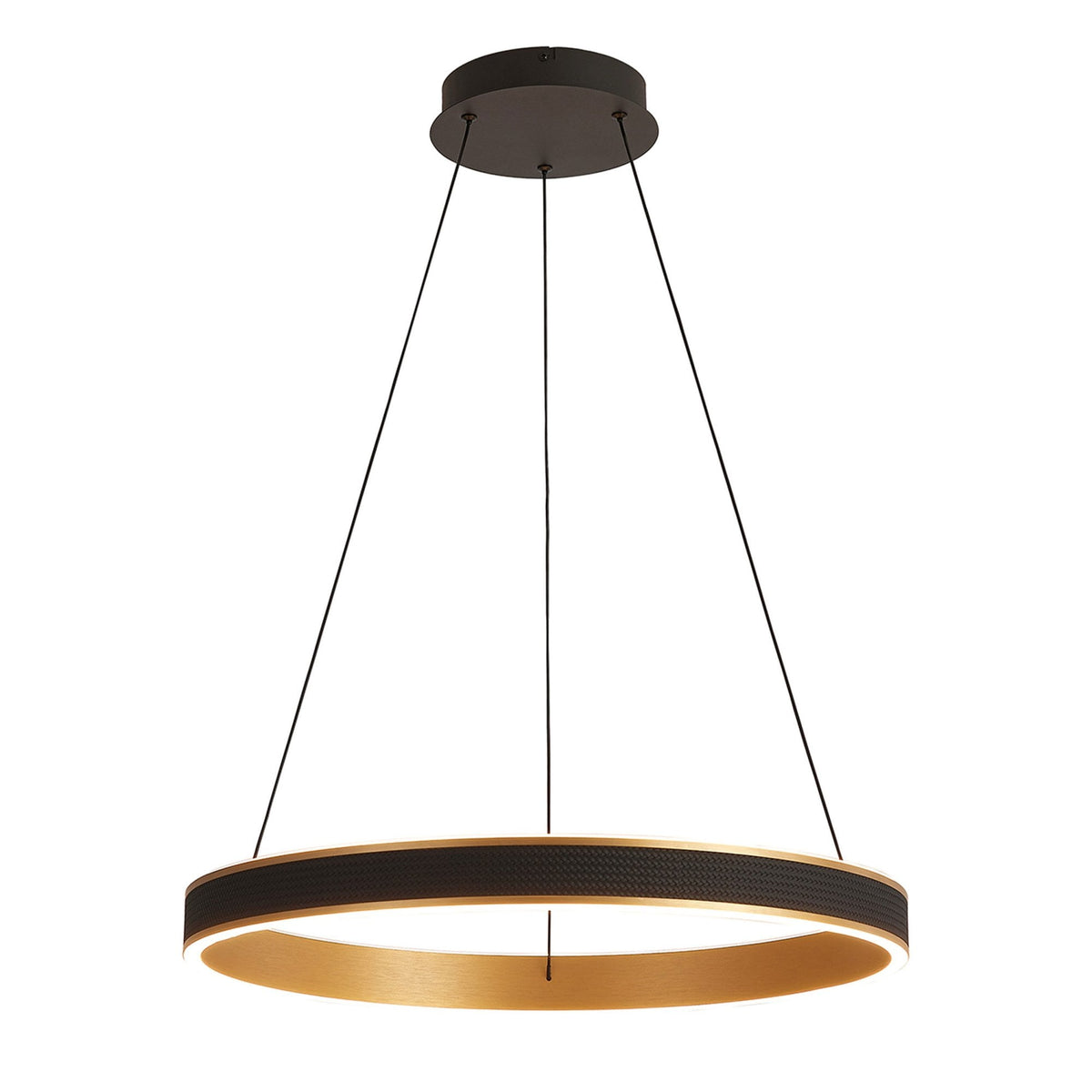 Aylmerton 60cm Round 45w LED Pendant with Remote Control Finished in Faux Black Leather & Brushed Gold