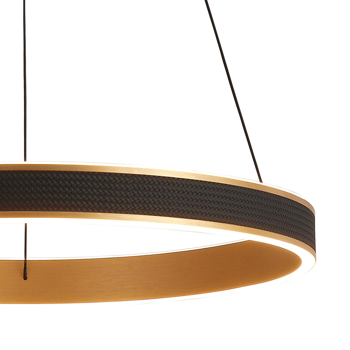 Aylmerton 60cm Round 45w LED Pendant with Remote Control Finished in Faux Black Leather & Brushed Gold