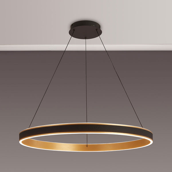 Aylmerton 80cm Round 70w LED Pendant with Remote Control Finished in Faux Black Leather & Brushed Gold