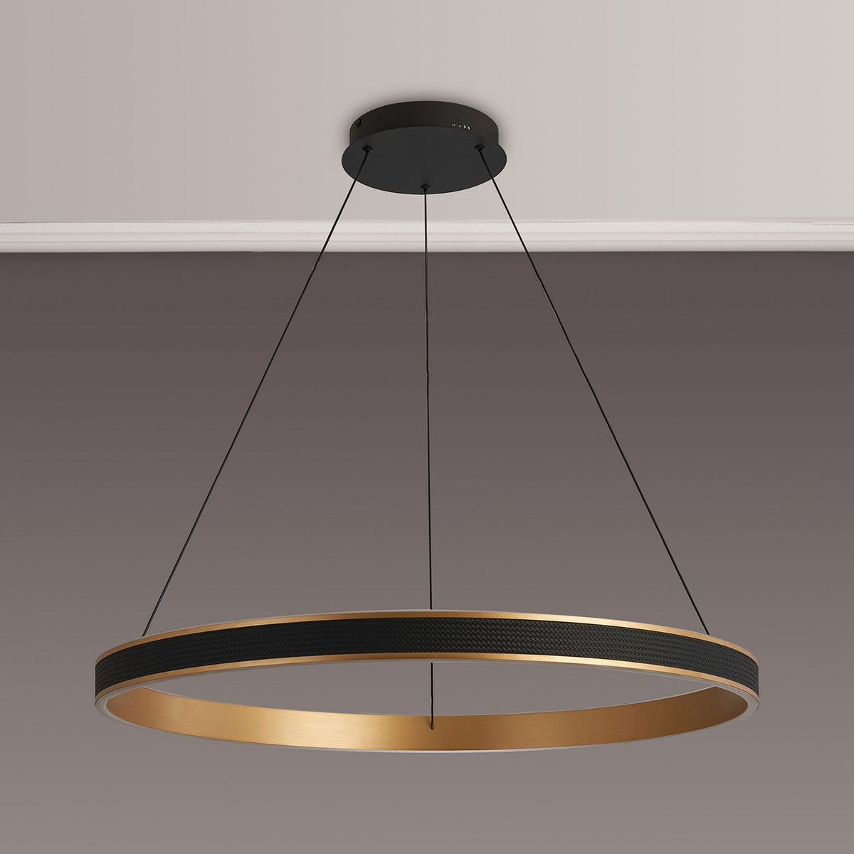 Aylmerton 80cm Round 70w LED Pendant with Remote Control Finished in Faux Black Leather & Brushed Gold