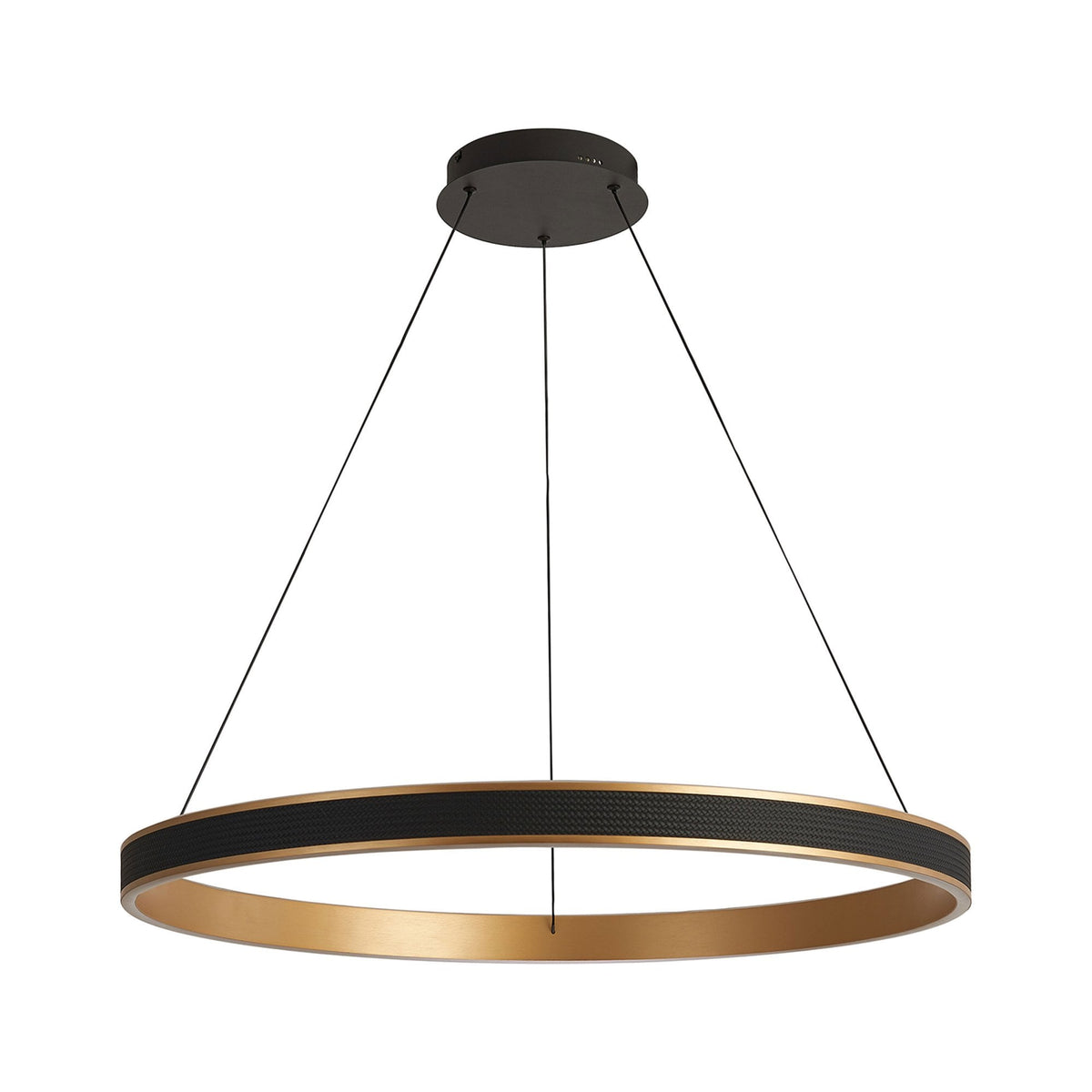 Aylmerton 80cm Round 70w LED Pendant with Remote Control Finished in Faux Black Leather & Brushed Gold