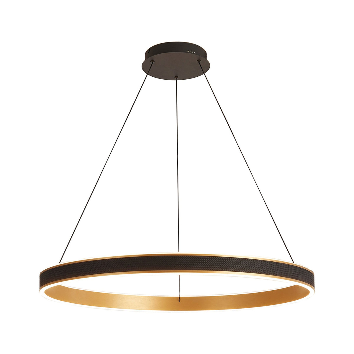 Aylmerton 80cm Round 70w LED Pendant with Remote Control Finished in Faux Black Leather & Brushed Gold