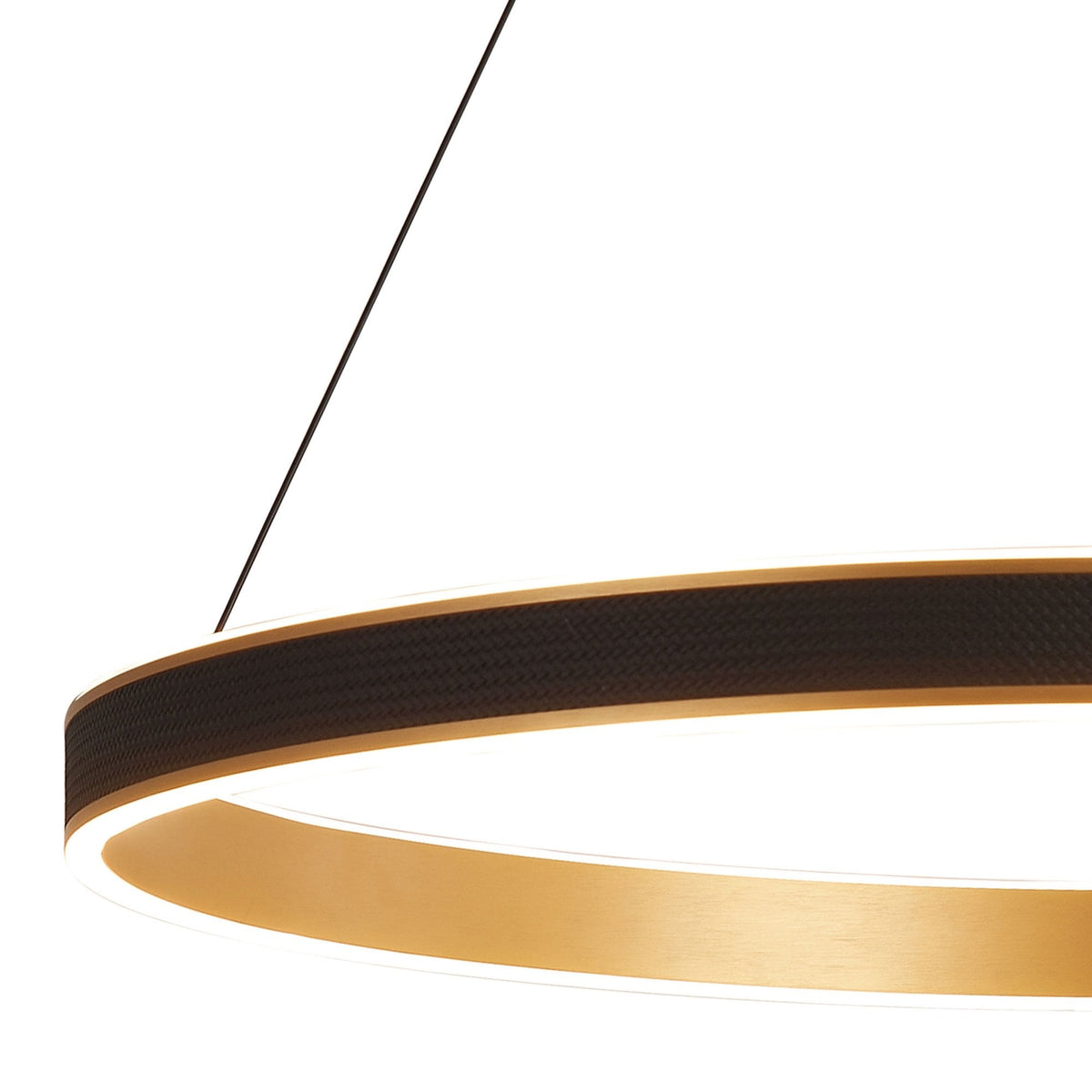 Aylmerton 80cm Round 70w LED Pendant with Remote Control Finished in Faux Black Leather & Brushed Gold