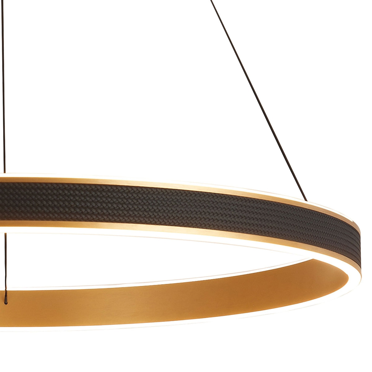 Aylmerton 80cm Round 70w LED Pendant with Remote Control Finished in Faux Black Leather & Brushed Gold