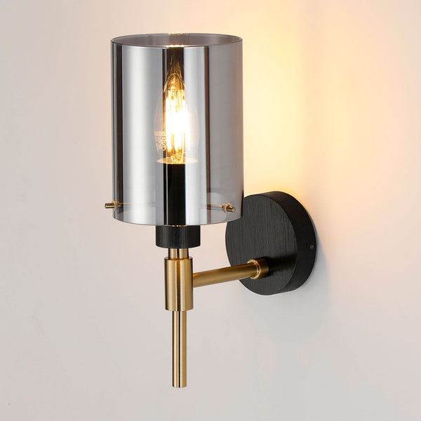 Kidwelly IP44 Wall Light in Black & Brass Gold with Smoked Glass Shade
