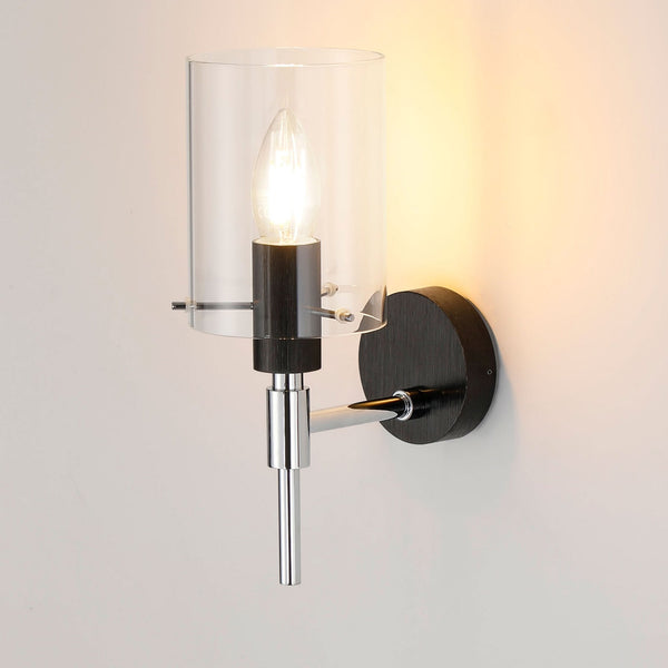 Kidwelly IP44 Wall Light in Black & Chrome with Clear Glass Shade