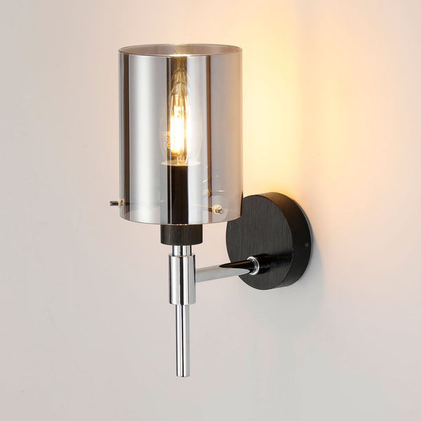 Kidwelly IP44 Wall Light in Black & Chrome with Smoked Glass Shade