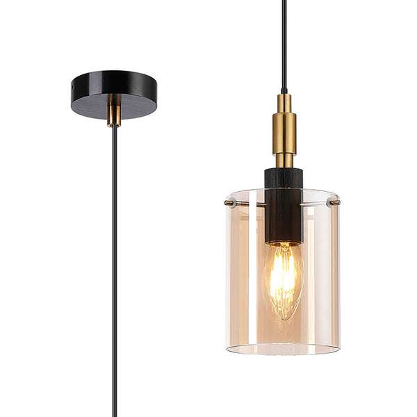 Kidwelly IP44 Single Drop Pendant in Black & Brass Gold with Amber Glass Shade