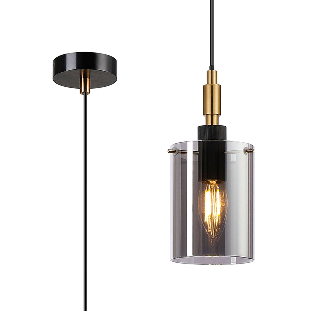 Kidwelly IP44 Single Drop Pendant in Black & Brass Gold with Smoked Glass Shade