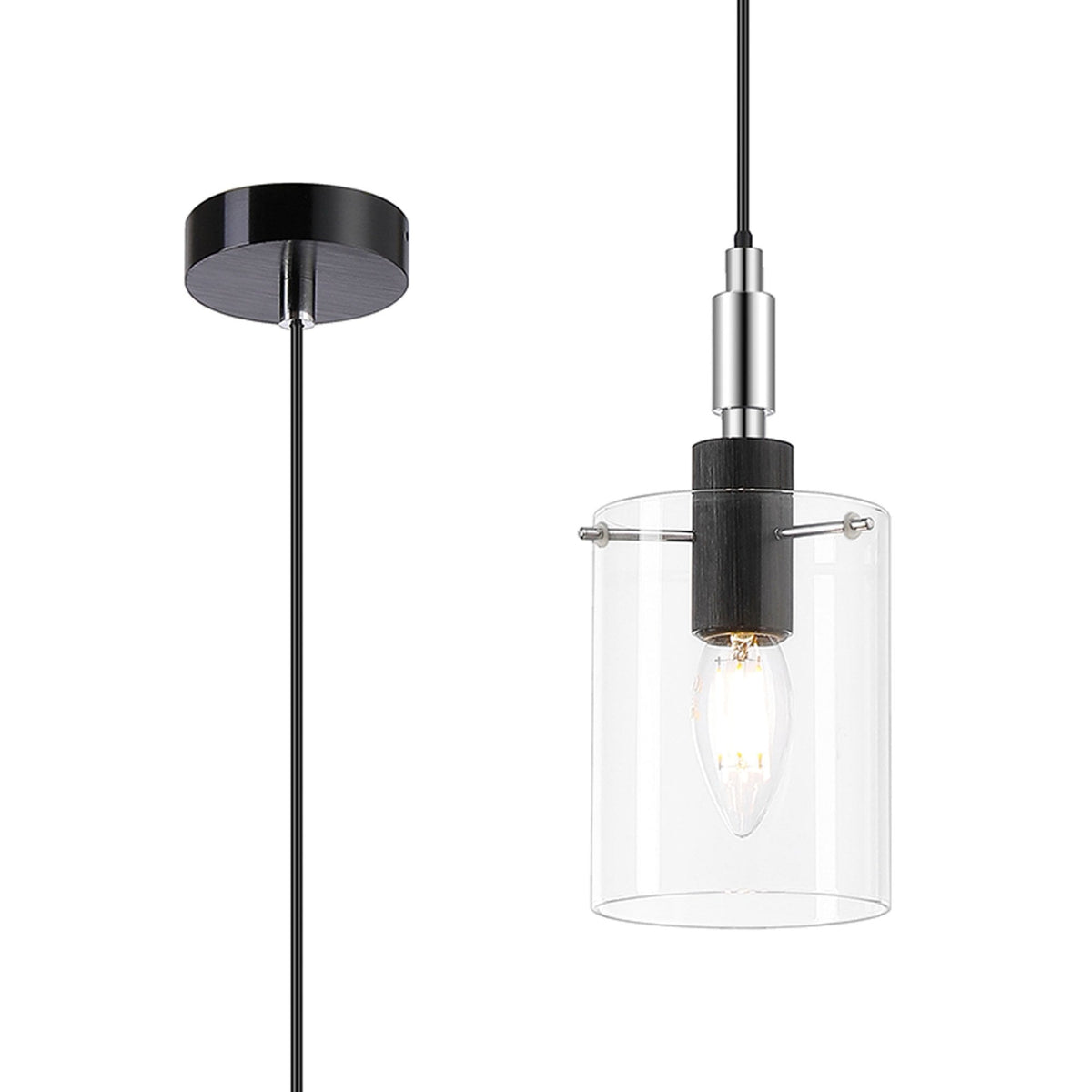 Kidwelly IP44 Single Drop Pendant in Black & Chrome with Clear Glass Shade