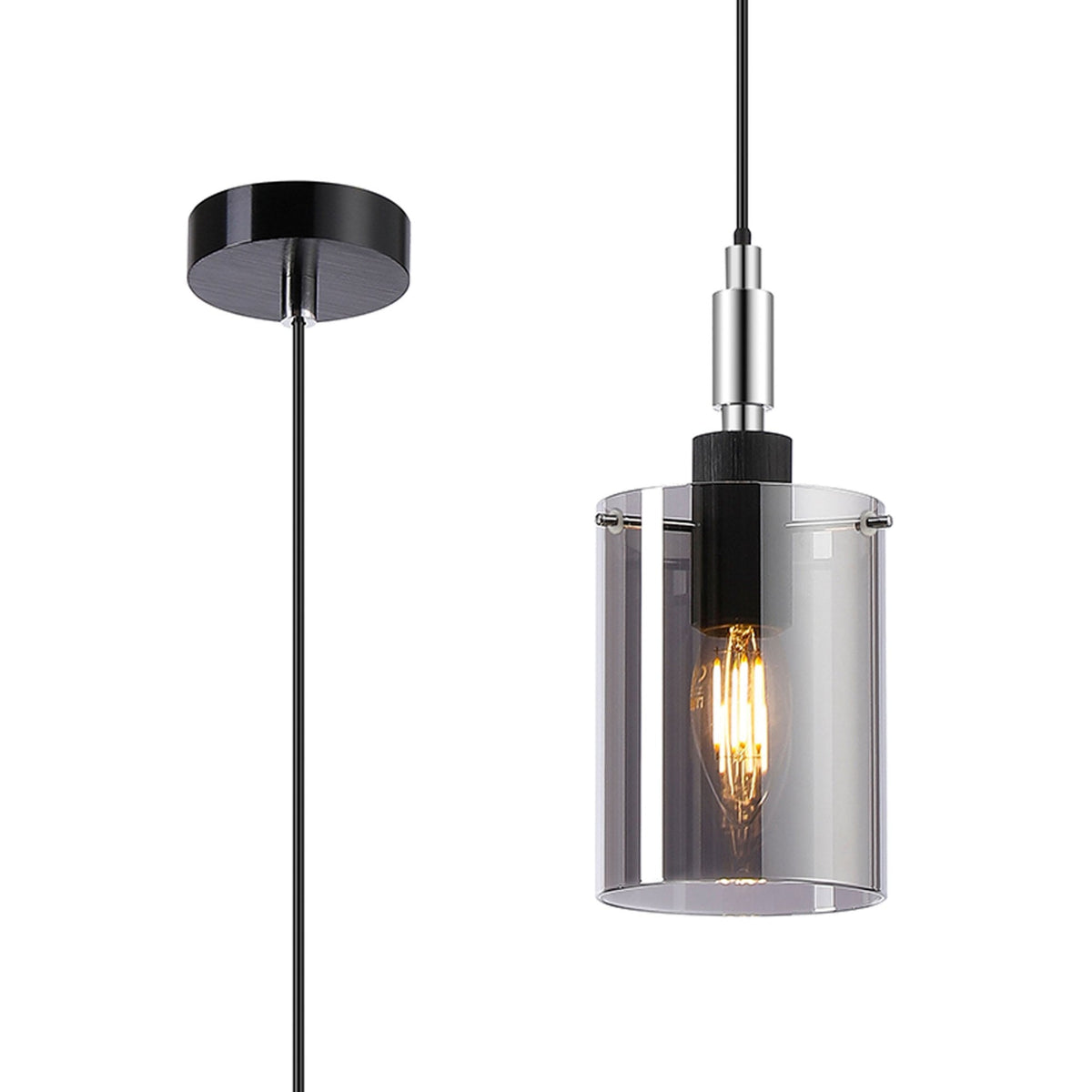 Kidwelly IP44 Single Drop Pendant in Black & Chrome with Smoked Glass Shade