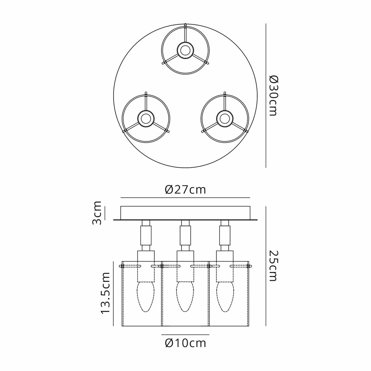 Kidwelly IP44 Triple Lamp Semi Flush Ceiling Light in Black & Chrome with Smoked Glass Shades