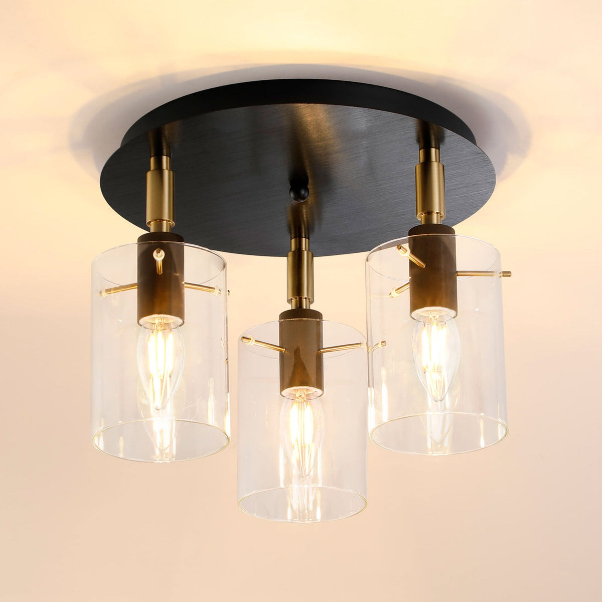 Kidwelly IP44 Triple Lamp Semi Flush Ceiling Light in Black & Brass Gold with Clear Glass Shades