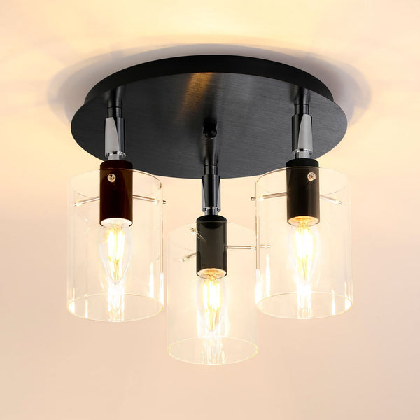 Kidwelly IP44 Triple Lamp Semi Flush Ceiling Light in Black & Chrome with Clear Glass Shades