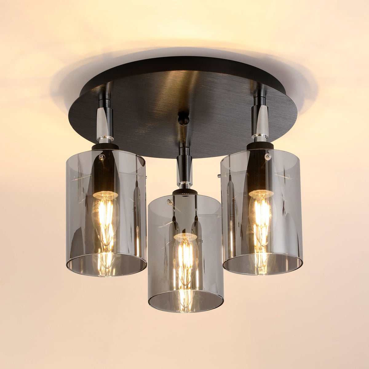 Kidwelly IP44 Triple Lamp Semi Flush Ceiling Light in Black & Chrome with Smoked Glass Shades