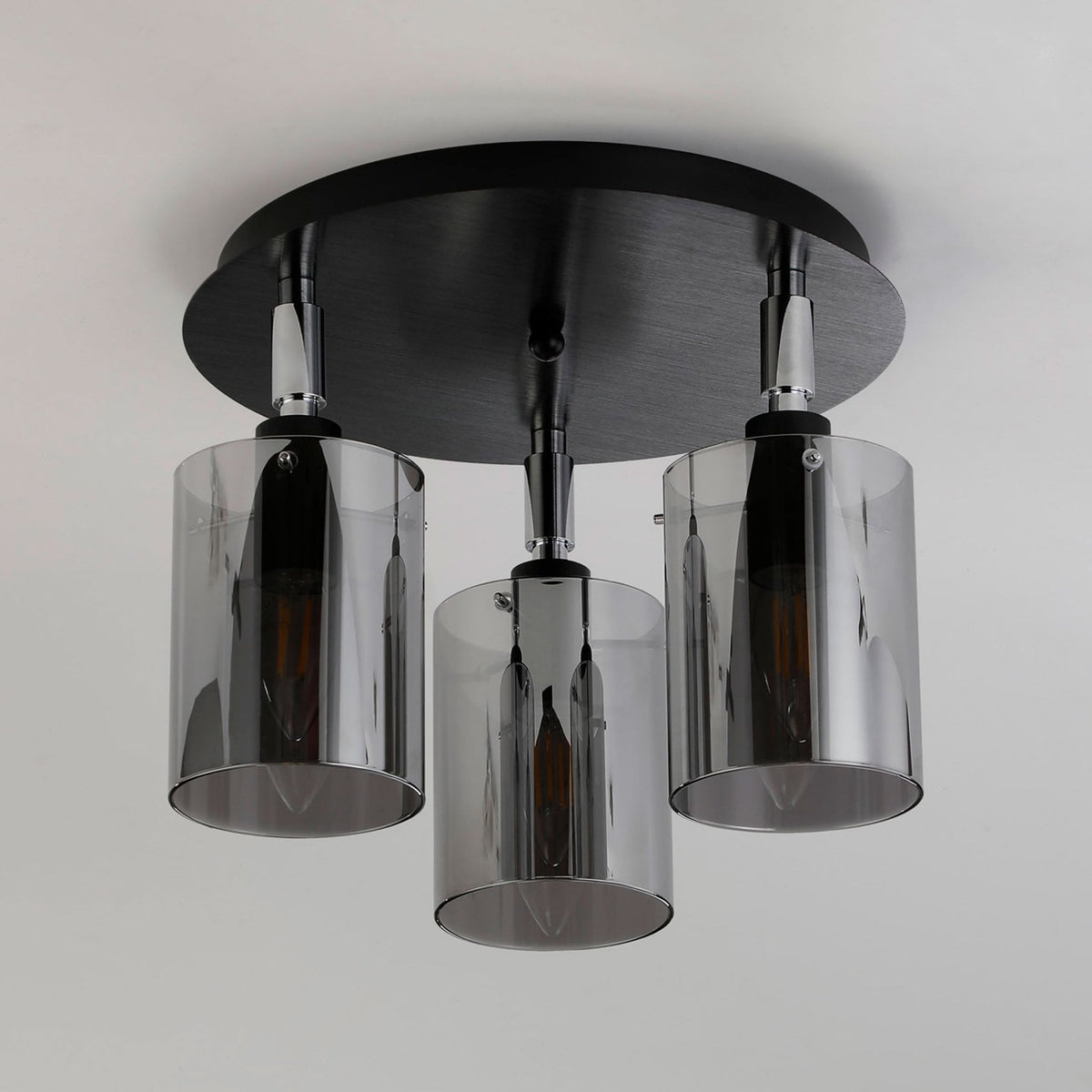 Kidwelly IP44 Triple Lamp Semi Flush Ceiling Light in Black & Chrome with Smoked Glass Shades
