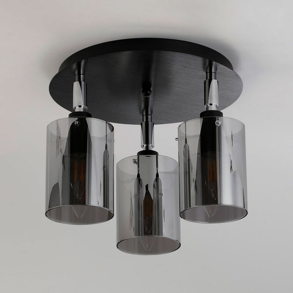 Kidwelly IP44 Triple Lamp Semi Flush Ceiling Light in Black & Chrome with Smoked Glass Shades